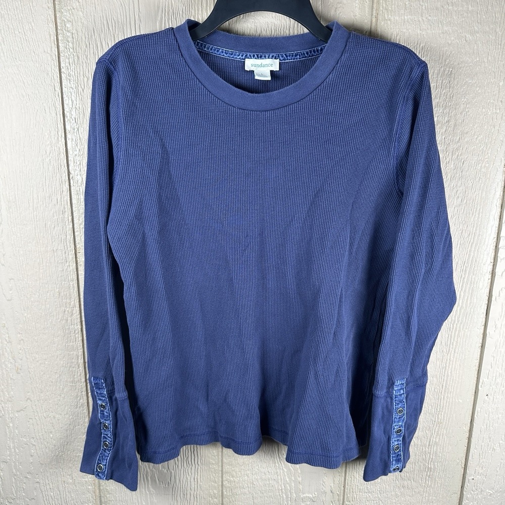 Sundance Thermal Waffle Tee Top Women's Large Velvet Button Trim Cuff Navy Blue